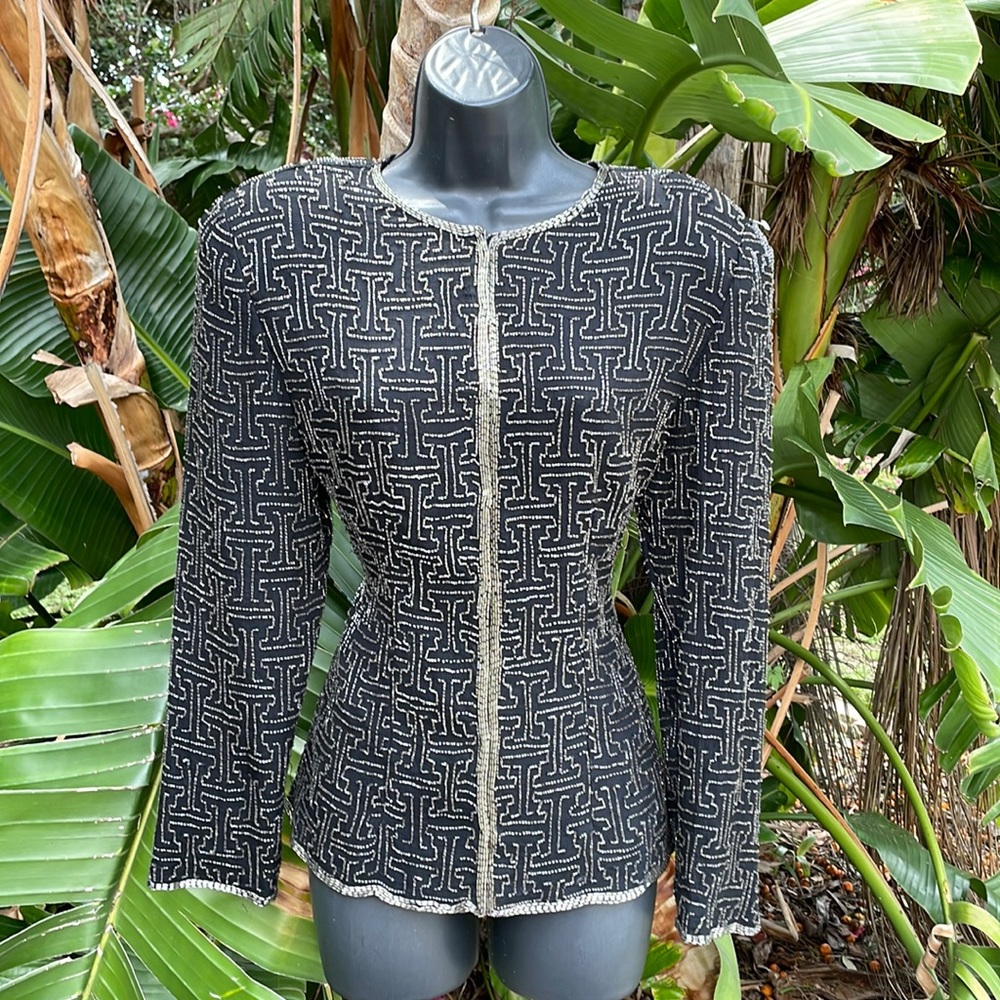 Vintage Silver beaded silk jacket power shoulders
